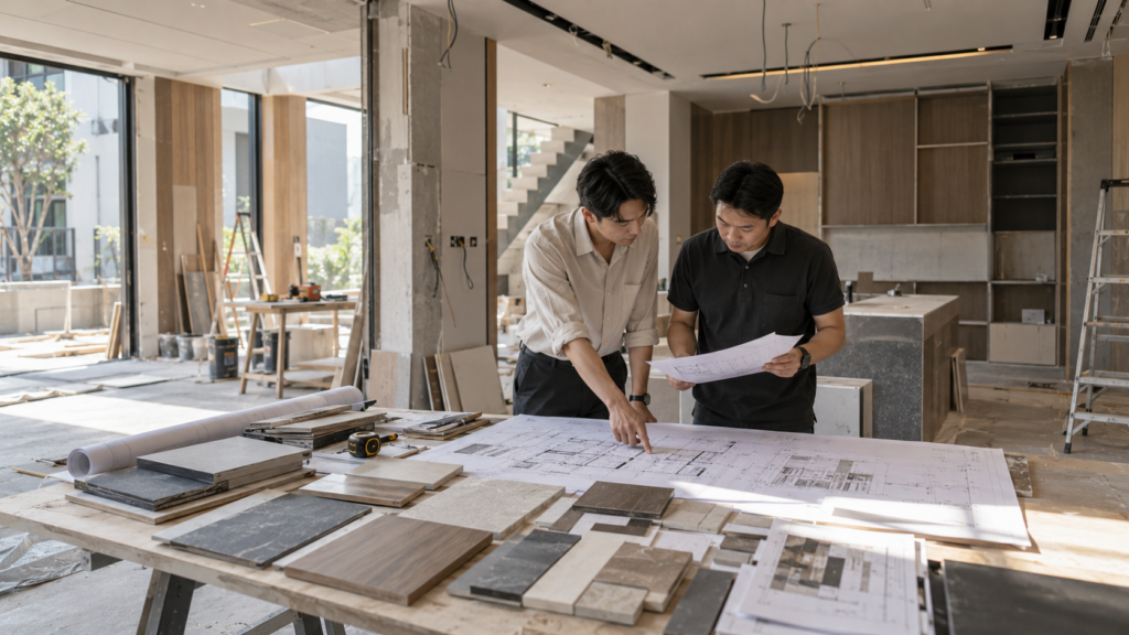Interior designer and site supervisor coordinating a residential design and build project in Malaysia
