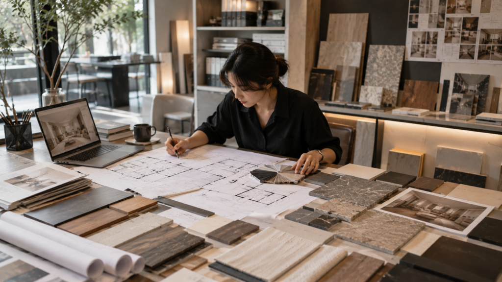 Interior designer reviewing floor plans and material selections for a residential renovation