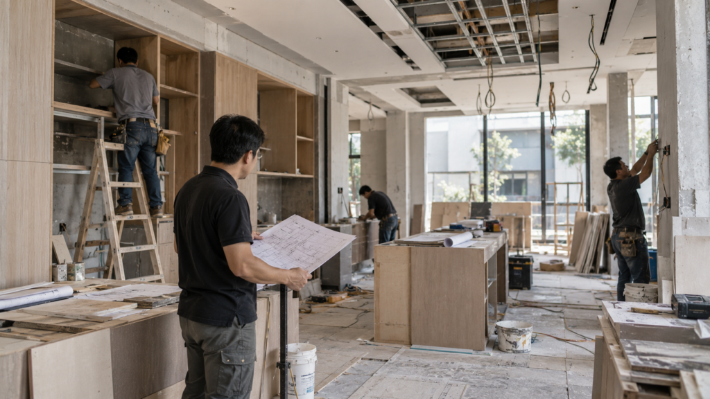 Renovation contractor and workers carrying out residential construction work on site