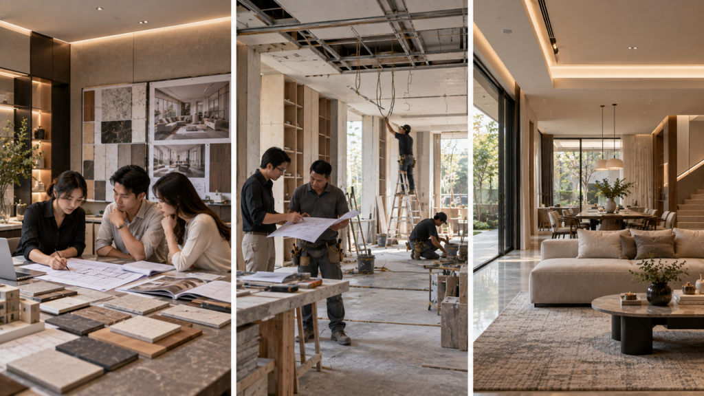 Design and build process connecting residential interior design, construction and project management